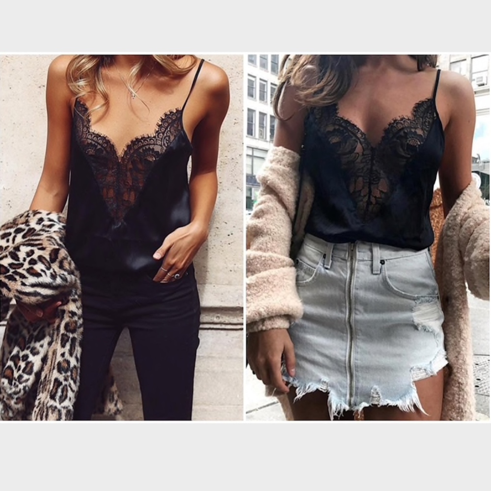 Satin Lace Detailed V-Neck Black Cami Top - Picture 4 of 7